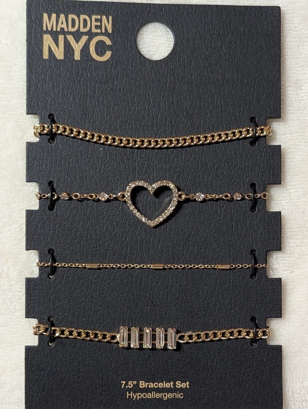NWT Madden NYC 4Pc Gold Tone Bracelet Stack Pavé Heart Baguette 7.5" + FREE GIFT